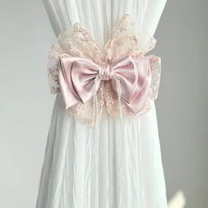 Elegant Velvet Lace Bow Curtain Tie, Pearl Fringe Home Decor Accessory, Romantic and Chic Curtain Hardware, Perfect for Bedroom and Living Room, Window Decorations Supplies