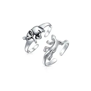 Set of 2 Lucky Elephant & Gecko Lizard Toe Ring Midi Mid Finger Sterling Silver