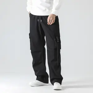 Men's Black Techwear Cargo Pants - Streetwear Wide Leg Trousers with Multi-Pockets & Drawstring Waist
