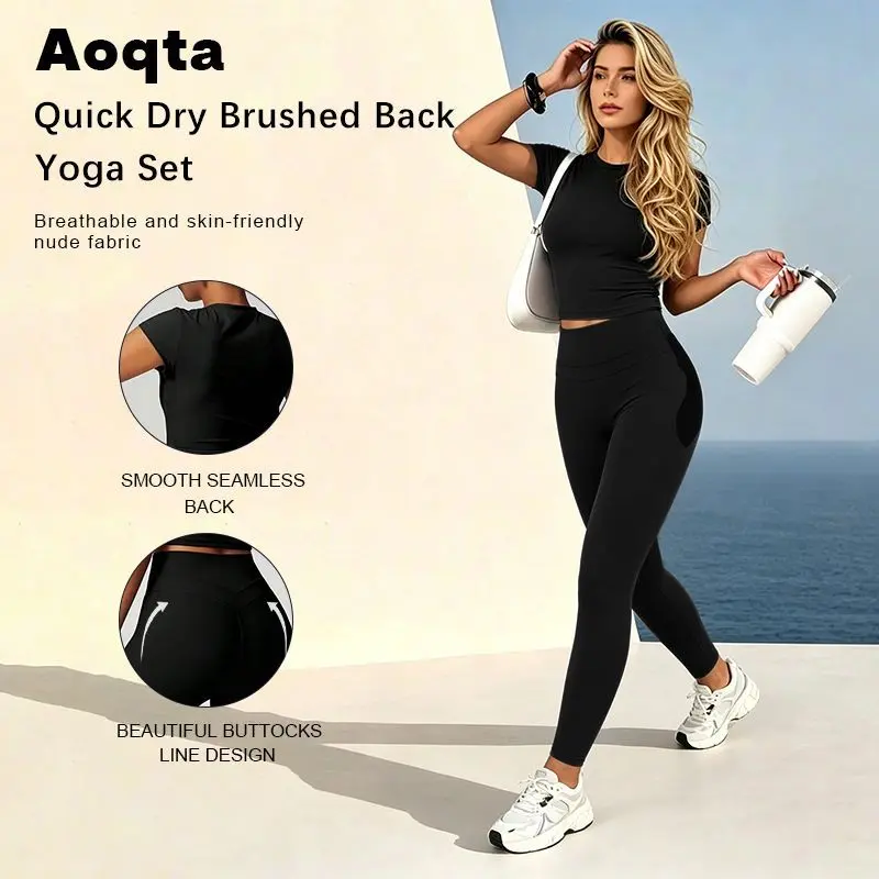 Aoqta Women's Sporty Chic 2-Piece Elasticized Fabric Sports Sweat Suit - Crew Neck Short Sleeve Form Fitting Cropped T-Shirt, High Waist Tummy Control Butt-Lifting Leggings for Yoga, Gym Wear, Elasticized Fabric Women's Sports Sweat Suit