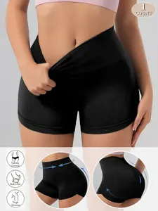 Women's High Waist Butt Lifting Abdomen Control Shapewear Compression Shorts, Seamless Ribbed Gathered Design, Comfortable Support, Versatile Fashion Sportswear