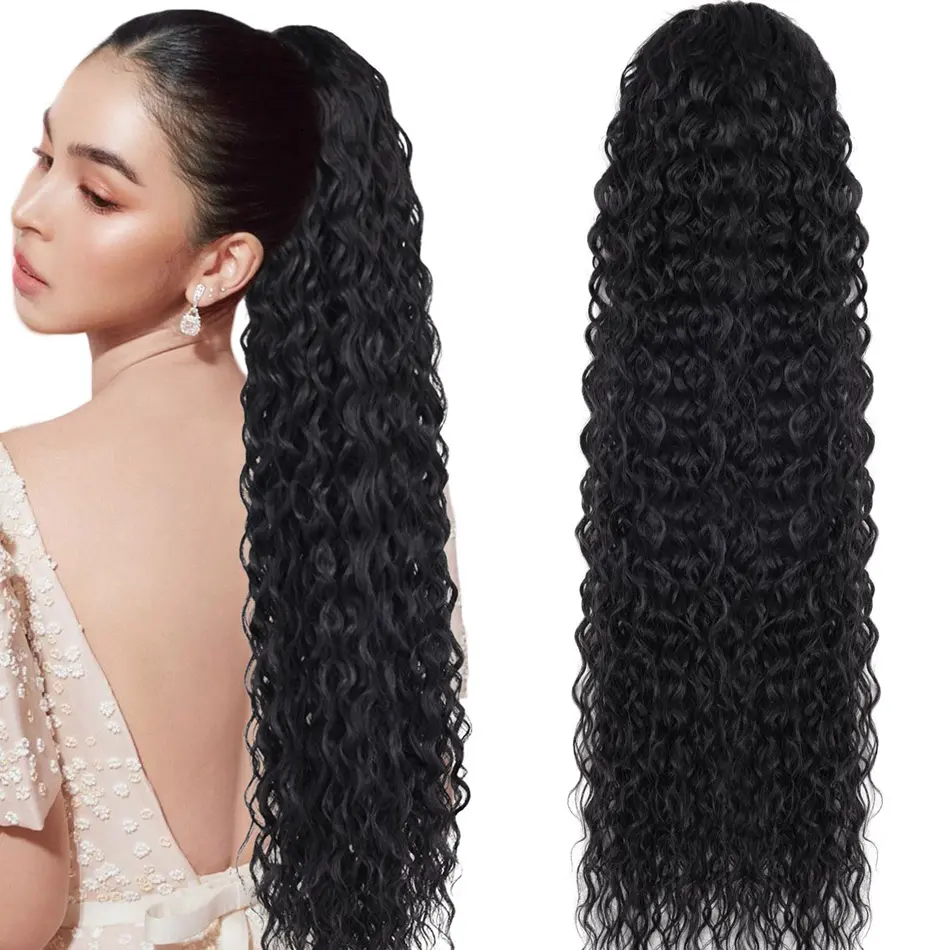 Long curl Wavy wave pull rope ponytail Extension Clip Wave synthetic wig piece Pull rope ponytail hair piece Women's ponytail extension, black 30 inch