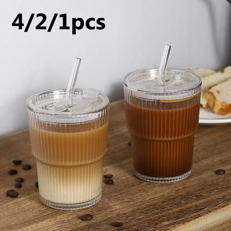 4/2/1 Pack 450ML Striped Glass Cups with Lid and Straw, Durable Reusable, Ideal for Iced Coffee, Smoothies, Cocktails, Juice, Striped Glass Tumbler, Iced Coffee Glasses, Drinkware