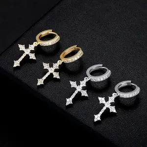 Cross Earrings for Men Women 14K Gold Plated Hypoallergenic Dangle Hoop Earrings Cubic Zirconia Earrings