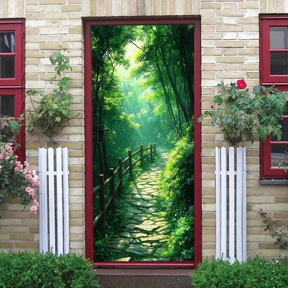 2pcs   Nature Forest Path Wall Sticker Sunlight Through Green Leaves Landscape Decoration for Living Room Bedroom Self Adhesive Removable Eco Friendly Material Stereo Visual Effect Home Space Atmospher