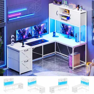 Sikaic 86.6 Inches LED L Shaped Gaming Desk White with 2 File Drawers, Reversible Design, RGB LED Strip, 4 Outlets & 2 USB Ports, Modern Office Furniture