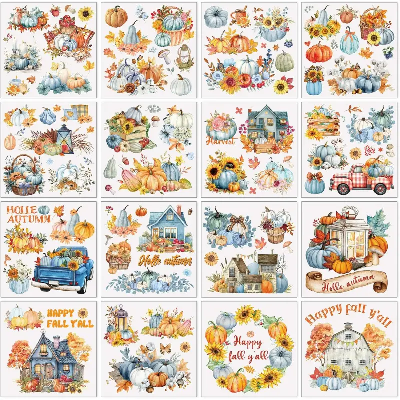 Fall Rub on Transfers for Crafts - 16 Sheets Vintage Autumn Rub on Transfer Stickers, Pumpkin Maple Leaf Car Furniture Decals for  DIY Home Decor 5.7x5.7 Inch