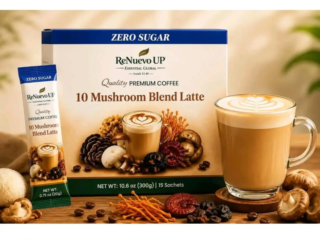 ReNuevo UP 10 Mushroom Coffee Latte Mix Packets, Premium Instant Creamy Coffee with Reishi, Lion's Mane, Cordyceps, Chaga & More, Sugar Free, Coconut Milk Powder, Stevia Sweetener, 15 Sachets for Work  Creamy Beverage