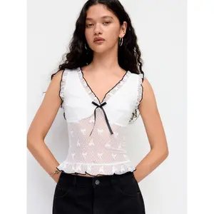 Cider Lace V-neck Bowknot Graphic Lettuce Trim Tank Top