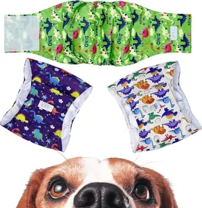 Washable Male  Diapers:   Bands for Puppy - 3 Pack Absorbent Doggy Wraps (Dinosaur, Small, Count, 3)