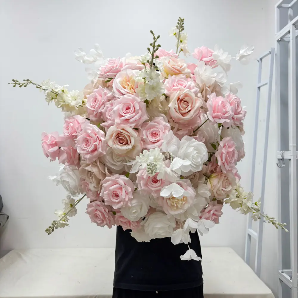 Blush Pink Silk Floral Ball Table Centerpiece (1.7 ft Diameter) - 4-Piece Boxed Set of Romantic Roses, Modern Luxury Reusable Decoration Ornaments for Wedding Reception, Home Decor Supplies