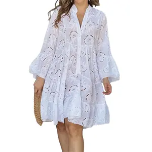 Women Eyelet Lace Vintage Elegant Flare Dress Beach Dress Deep V Neck 3/4 Sleeve Flare Short Dress