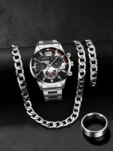Trendy Silver Color Watch Face Set, Men's Roman Numeral Quartz Watch, Necklace Bracelet Ring Set, Multiple Accessories, Calendar Gift for Him, Jewelry Watch Set
