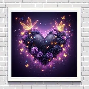 Purple Rose Heart & Glowing Butterflies 5D Full Drill Diamond Painting Kit - Romantic Black Heart with Floral & Sparkle Accents, Fantasy Gothic Mosaic Art, DIY Rhinestone Craft for Valentine's Day & Bedroom Decor