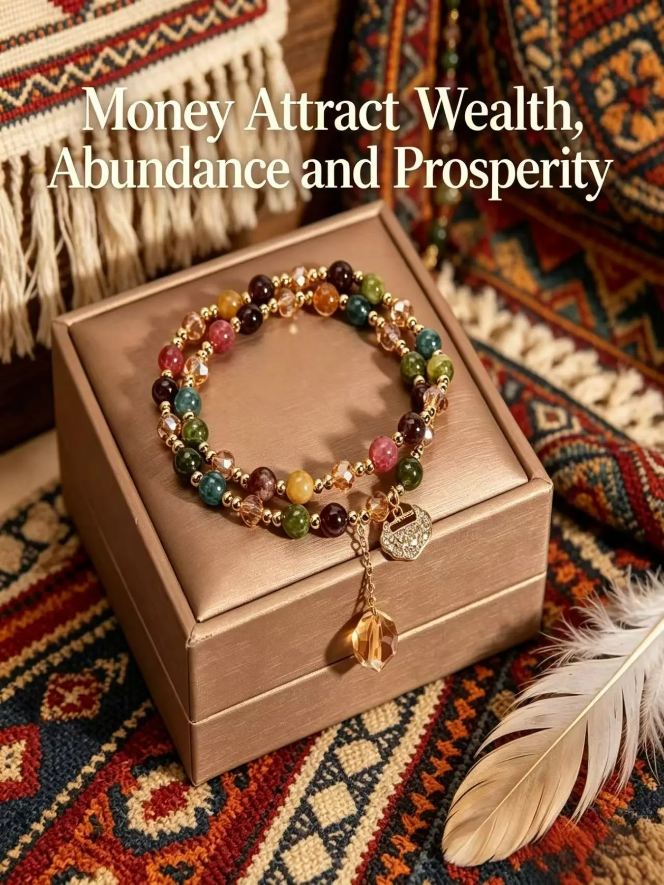 Elegant Two-Layer Rainbow Tourmaline Bead Bracelet, Double Layered Bracelets, Boho Style Longevity Lock, Unique Women's Jewelry with Gift Box, Beaded Charm Bracelet, Crystal Stacking Bracelet