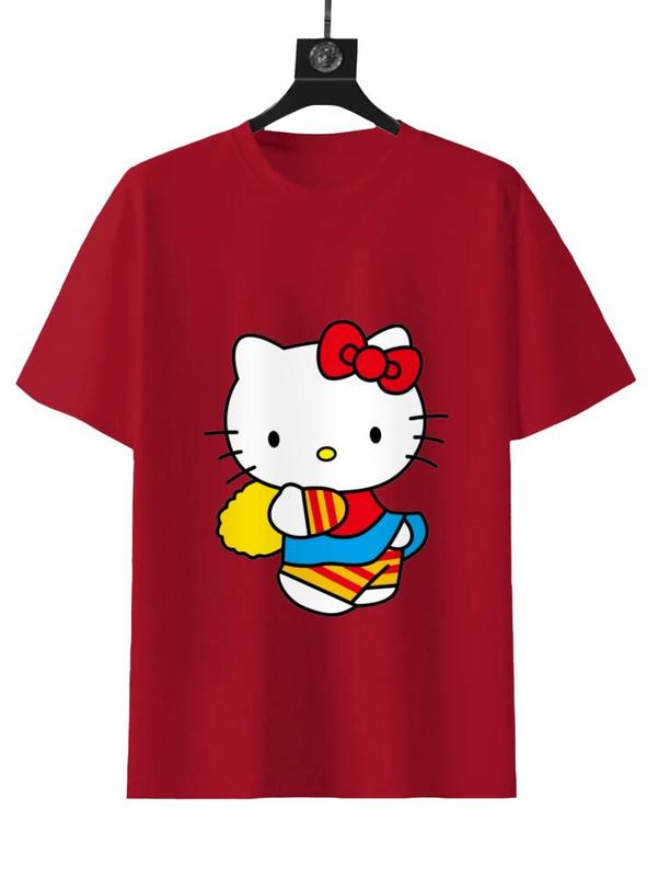 SHANRIO Cheerleading Hello Kitty Unisex Tee - Red T-Shirt with Hello Kitty Graphic Design for Unisex Wear Featuring a Colorful Bow and Striped Outfit