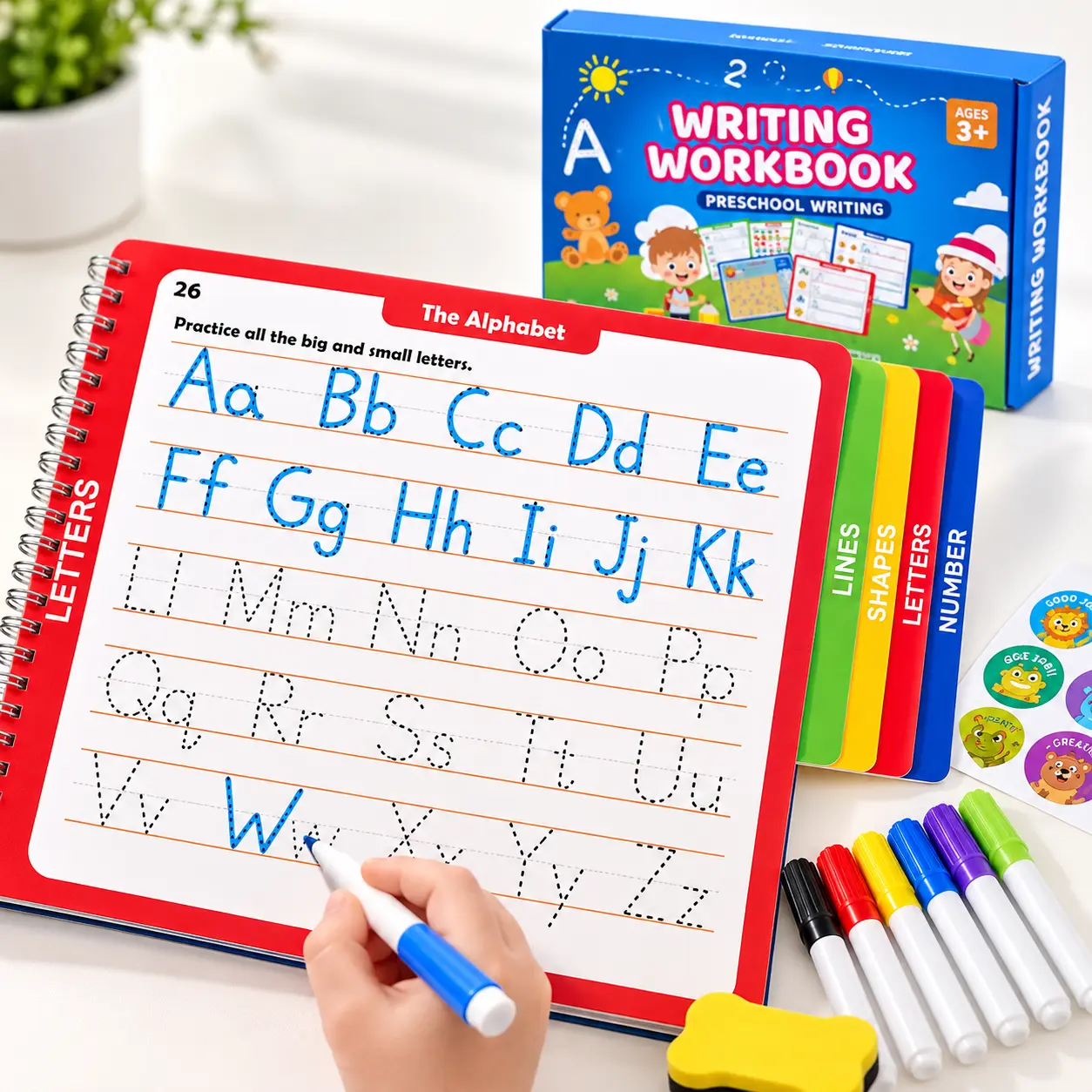 Reusable Dry Erase Preschool Writing Workbook - Kids Learning Materials, 38 Pages, Flat Layout, Markers Included, Erasable Tracing Book for Letters-Numbers-Shapes-Lines, Toddler Handwriting Practice Set (Ages 3+)