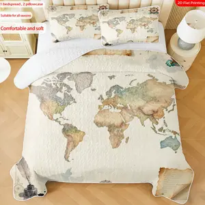 3 pcs, 2D Flat Print Vintage World Map Bedspread Set, Soft and Comfortable, Multiple Sizes Available, Suitable for Gifting and Daily Use, Ideal for Creating a Cozy Home Atmosphere, Soft Bedding Set(1 bedspread , 2 pillowcases)