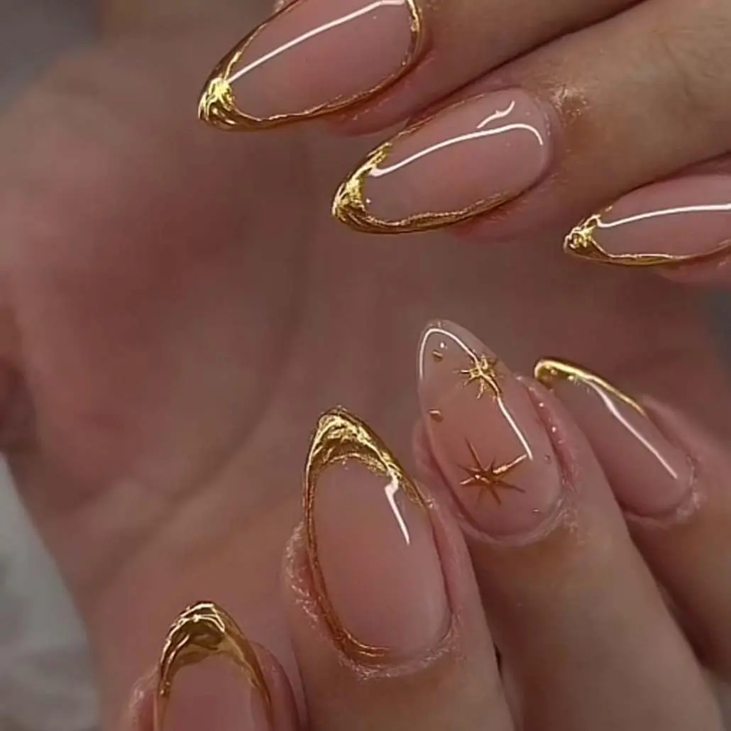 Press on Nails Almond Fake Nails with Gold Line Design Glue on Nails Acrylic Nails Glossy Full Cover Stick on Nails for Women 24Pcs Foccna