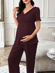 2026 Maternity Pajama Set, Two-Piece Long Sleeve, V-Neck with Elegant Embroidery, Loose-Fitting Casual Loungewear for All Seasons, Maternity Outfits