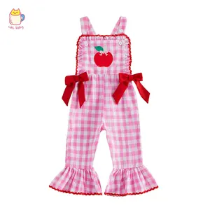 Toddler Girls Back To School Outfit Apple Embroidery Sleeveless Square Neck Plaid Bell Bottom Jumpsuit Romper Pant