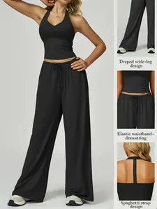 Women's two-piece with halter neckline and open back design, paired with high-elasticity loose straight-leg sports pants, suitable for sports, also available are loose-fitting yoga sets, Yoga clothes set