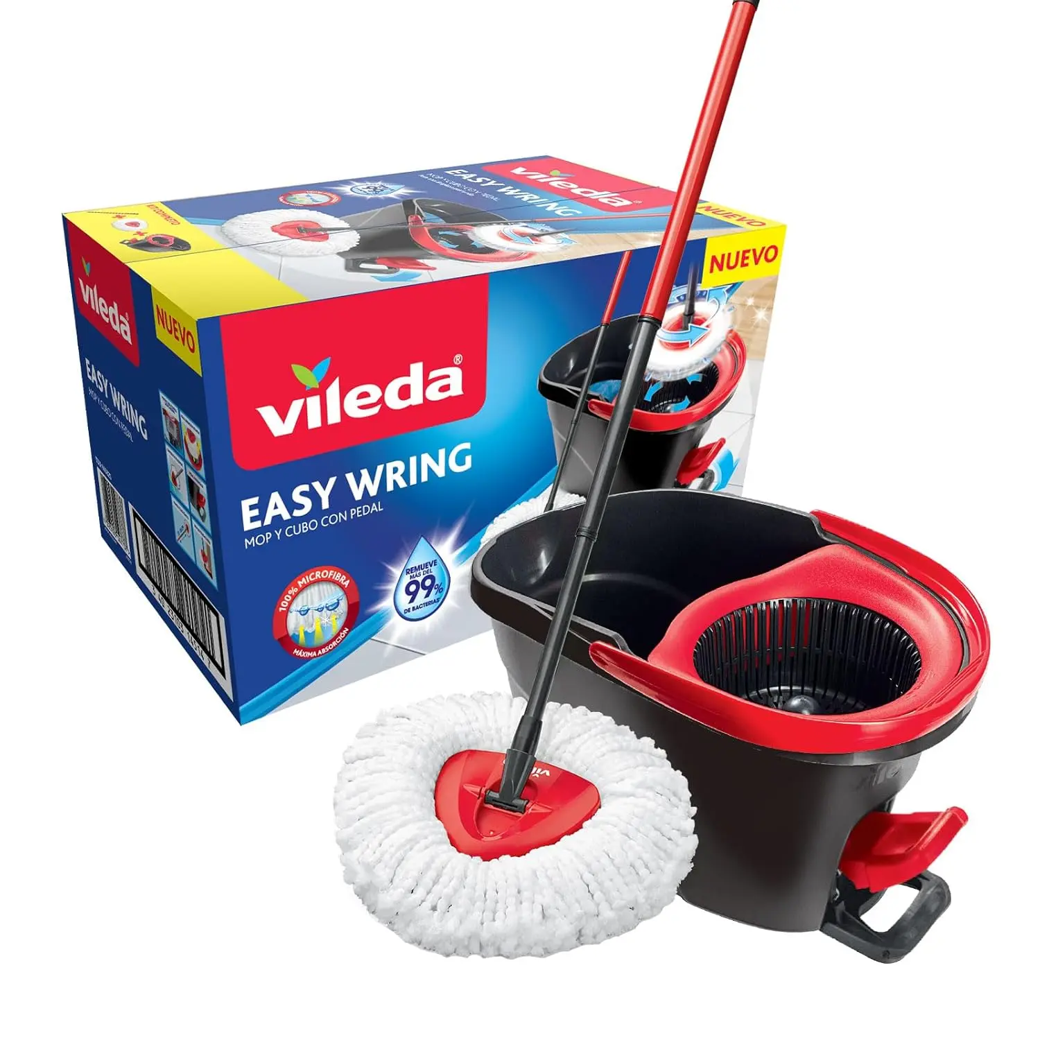 Vileda Microfibre Mop and Bucket Cleaning Set with Box - Adjustable 55 to 130 cm Telescopic Design, Easy Wring, Power-Spin Wringer, Wall-Mountable, Absorbent Durable Washable for Indoor Floor & Corner Cleaning