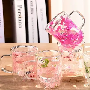 Double Glass Flower Tea Coffee Cup 220ml Transparent Dried Flower Inlay High Temp Resistant Drinkware Tumbler Perfect Birthday Holiday Gift