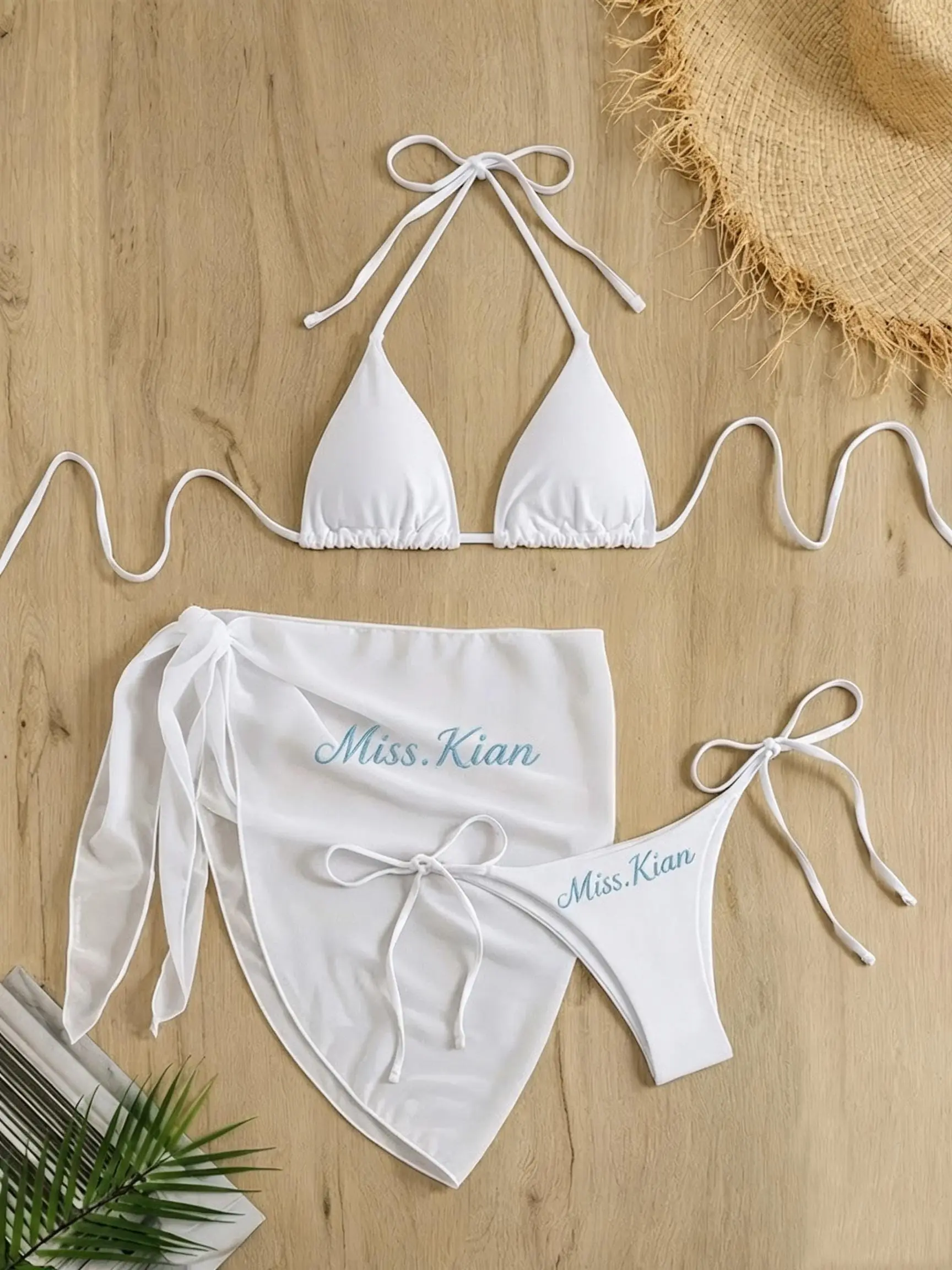 Custom Text Bikini 3 Piece Set | Personalized White Swimsuit with Matching Sarong Cover Up | Summer beach attire | Custom Honeymoon Swim