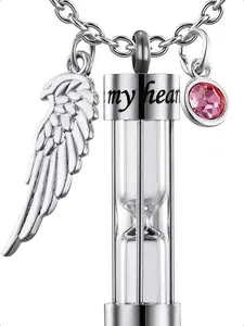 1pc Cremation Urn Necklace For Ashes Timeless Hourglass Memorial Pendant Keepsake Jewelry For Human Pet Ashes With Birthstone Angel Wing Trendy All-match Accessories