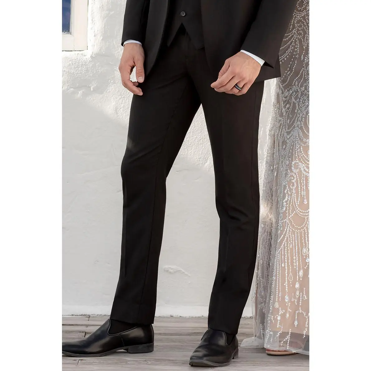 "Metro Tux" Black Wool Blend Tuxedo Pants