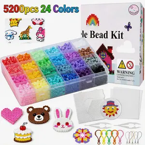 5200pcs Fuse Beads Kit for Boys and Girls, 24 Colors 5mm Melting Beads Set Including Pegboards, Ironing Paper, Tweezers, Colorful Hooks for Birthday and Christmas Gift
