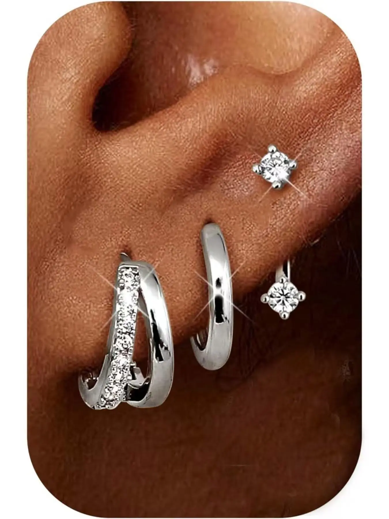 Elegant Copper-Plated Earring Set for Women, 3 Pairs of Zirconia Costume Jewelry, Hypoallergenic for Layering & Multiple Piercings