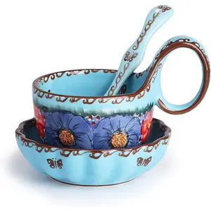 Loop Handle Soup Bowl, Plate and Spoon Set Ceramic Hand Painted Cereal Bowl  for Soup, Ice cream, Snack, Stew in  Box, Dishwasher & Microwave Safe, Glazed Blue