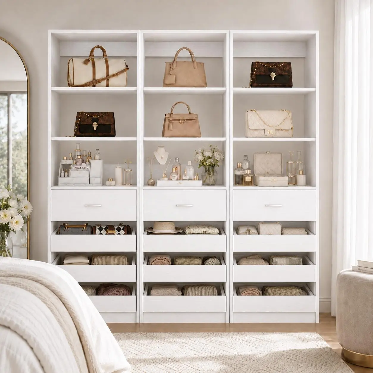21.3" Closet System with 4 Drawers – Wood Closet Organizer with Open Shelves, Modular Tower for Small Walk-in Closets, Tall large capacity Storage  Cabinet bedroom armoire