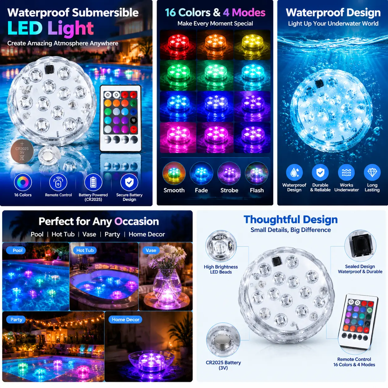 MOTIONICS IP67 Waterproof Submersible LED Pool/Hot Tub Lights with Remote Control, 16 Colors, 4 Modes, Battery Powered for Pond, Party, Home Decor, Led Lighting Pond Lights