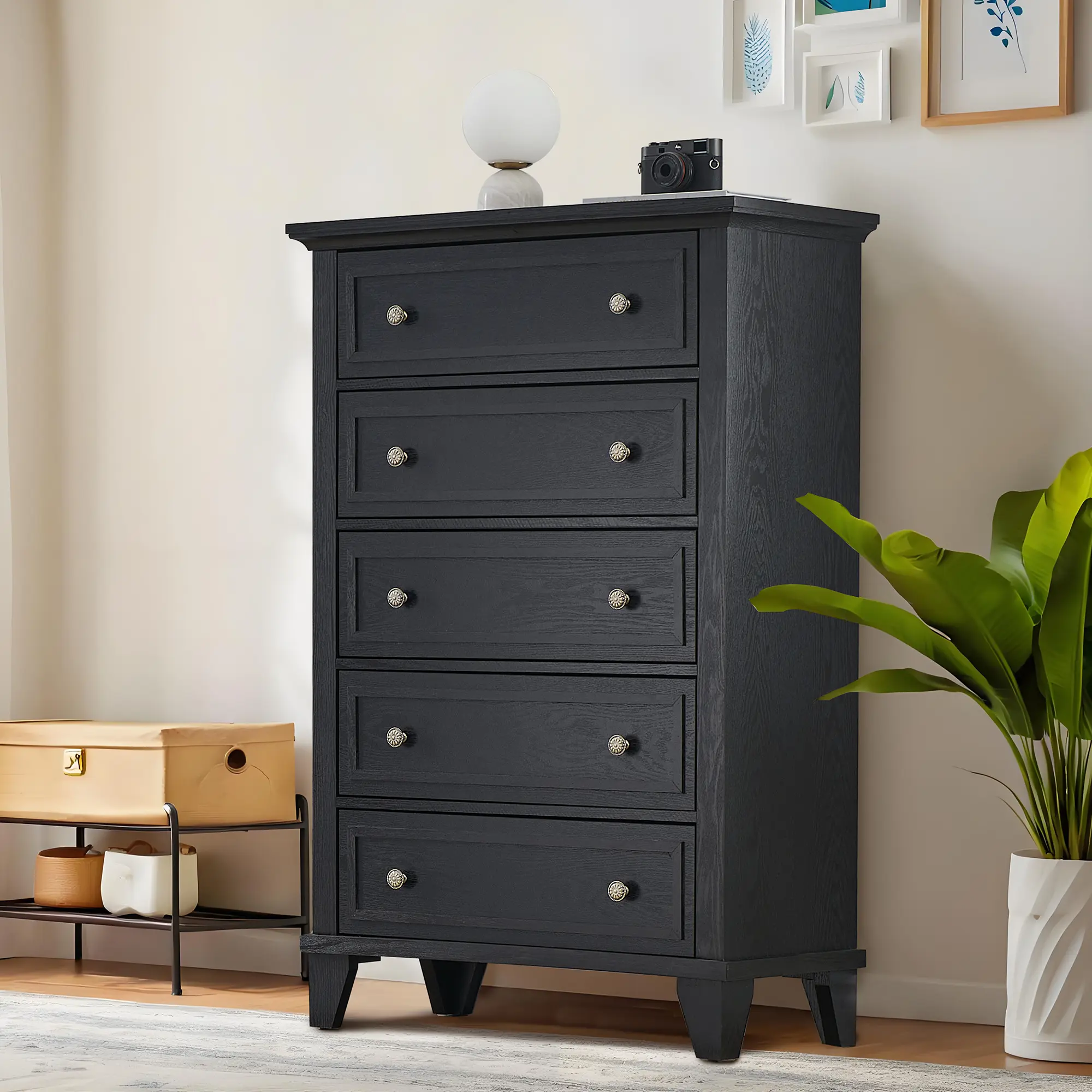 48-Inch Tall Vintage Wooden 5-Drawer Dresser with Chest Organizer, Smooth Glide Drawers, Vintage Bronze Look, Waterproof Surface - Bedroom Closet Storage Cabinet for Living Room, Entryway