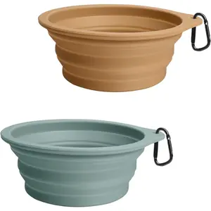 2-Pack Silicone Collapsible Dog Bowls, BPA Free Dishwasher Safe, Portable Foldable Expandable Travel Bowl, Food Water Feeding Cup Dish for Dogs Cats with 2 Carabiners (Turquoise, Tan)