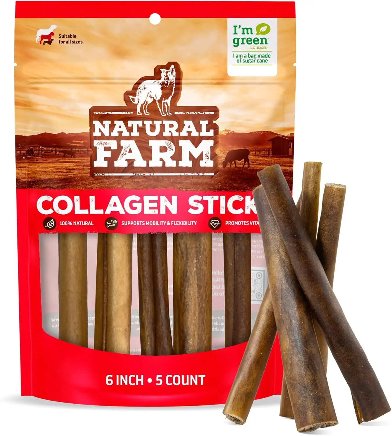Natural Farm Beef Collagen Dental Treat Sticks for Dogs - 6in Beef Skin Multi-Pack, 10 Count, 20% Longer Lasting, 95% Collagen, Single-Ingredient, Odor-Free, Grain & Chemical Free, Heavy Chewers, Bone Strength, Joint Support, Digestive Wellness