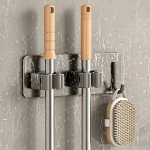 Wall Mounted Mop & Broom Holder, Space Saving Organizer, Nail-Free Glue Installation, No Drilling, No Wall Damage, Solid Iron Made, Integrated Hook with 2 Clips, For Tile and Smooth Hard Walls, Storage for Bathroom, Kitchen, Space Saver Organizer