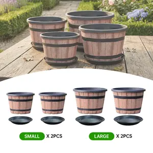 4-Piece Retro Wooden Bucket Planters Set, Rustic Flower Pot, Whiskey Barrel Shape with Drain Holes & Tray, PP Resin Material, Eco-Friendly, Sunproof, Durable
