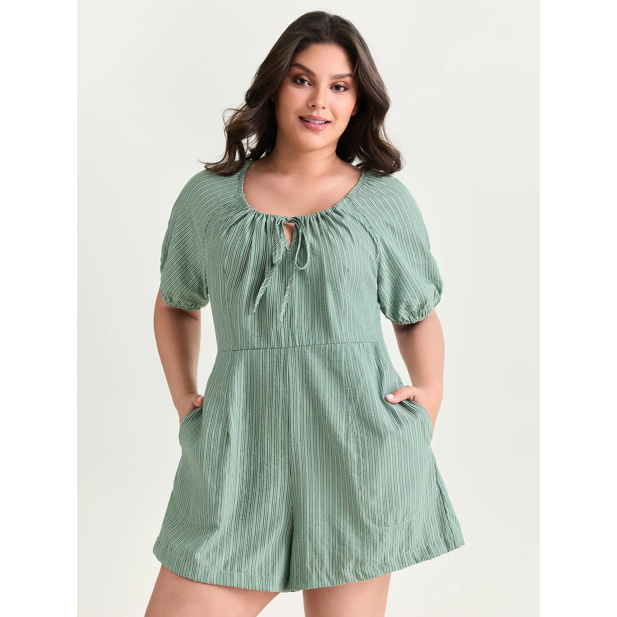 BLOOMCHIC Women's Plus Size Striped Textured Polyester Romper - Drawstring Neckline,Sleeve,Smooth Fabric,Pocket,Garment [M-6X] ,Summerfinds