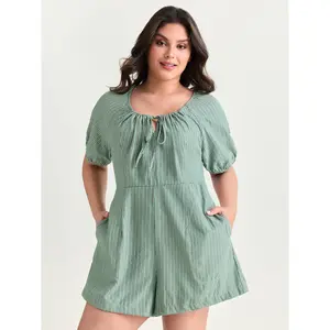 BLOOMCHIC Plus Size Striped Textured Drawstring Neckline Romper [M-6X]2026 Summer Vibes