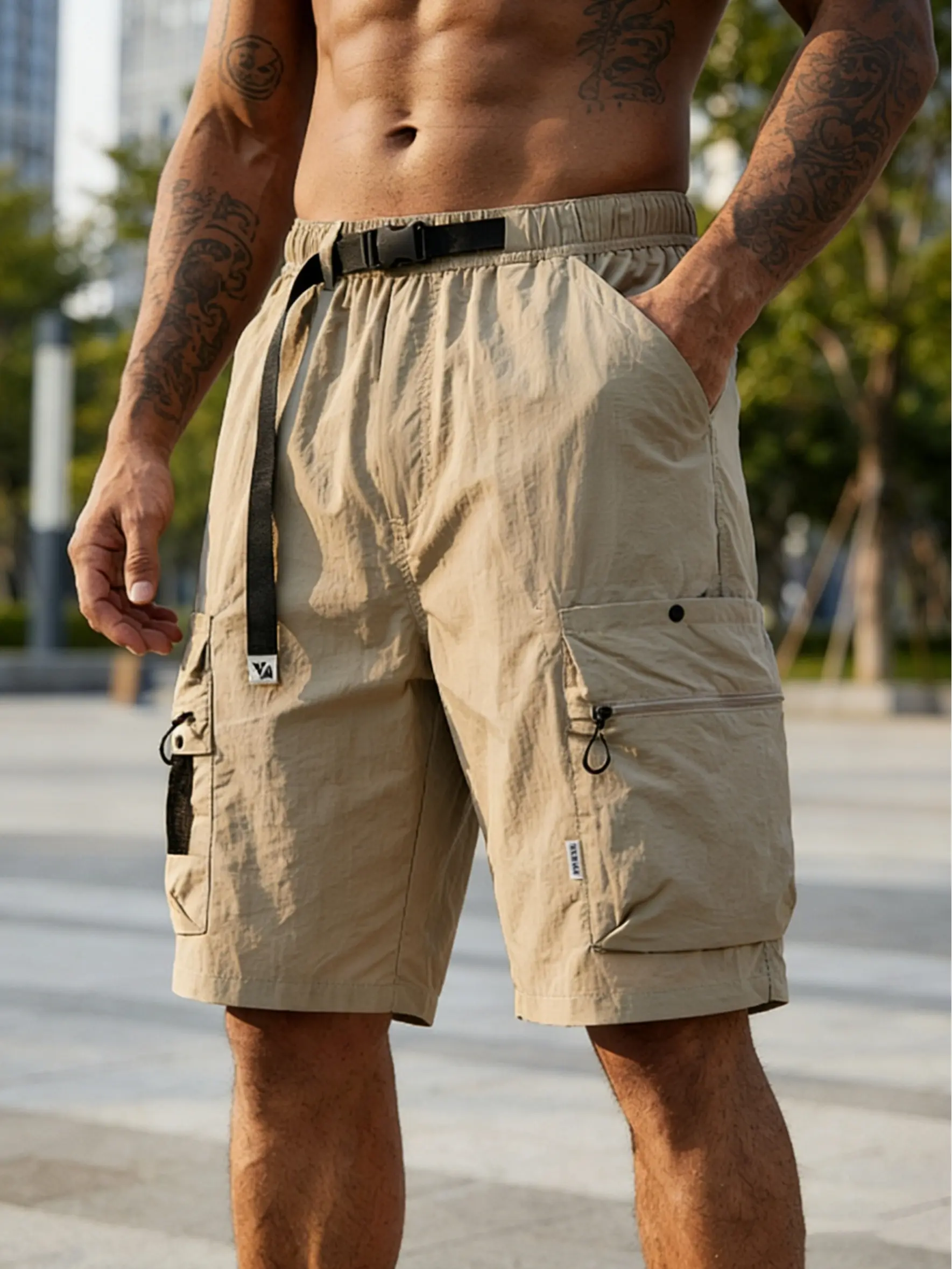 Men's Belted Cargo Shorts - Stylish Plain Streetwear, Loose-Fitting Medium-Length, Foldable with Multiple Pockets, Summer Menswear, Free Belt, Ideal for Fitness & Outdoor Casual Wear (Cargo Pants Variant), Cargo Men's Shorts, Streetwear Men's Shorts