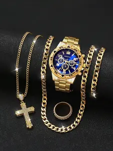 Men's Luxury Quartz Jewelry Wristwatch Set with Necklace Bracelet Ring, Rhinestone Analog Round Dial, Father's Day Gift, All Seasons, Trendy Watch Set, Rhinestone Watches
