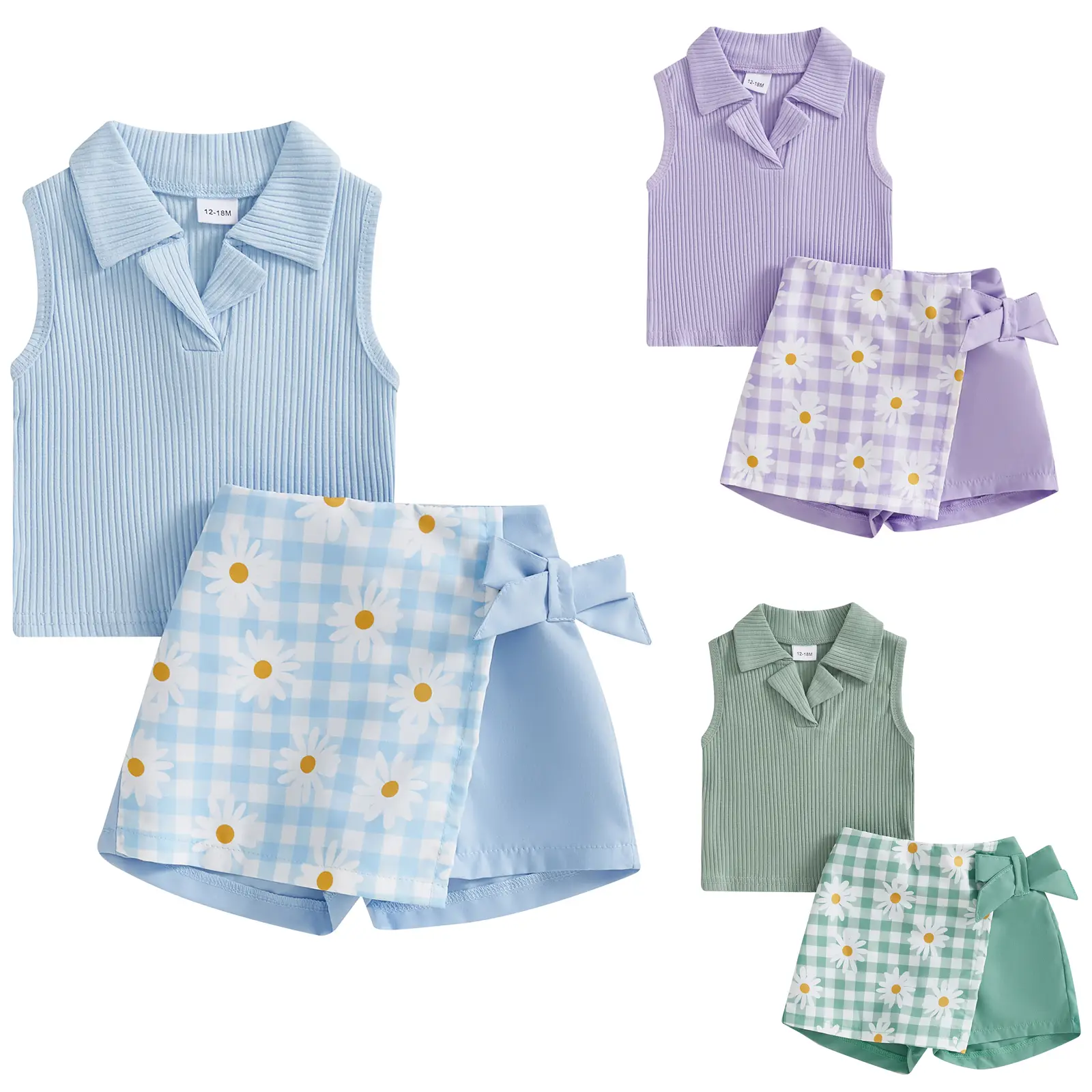 Toddler Baby Girls Summer Outfit Sleeveless Ribbed Knit Turn Down Collar Tank Tops Daisy Floral Plaid Skirt Shorts Set Party Dresses #Springtok