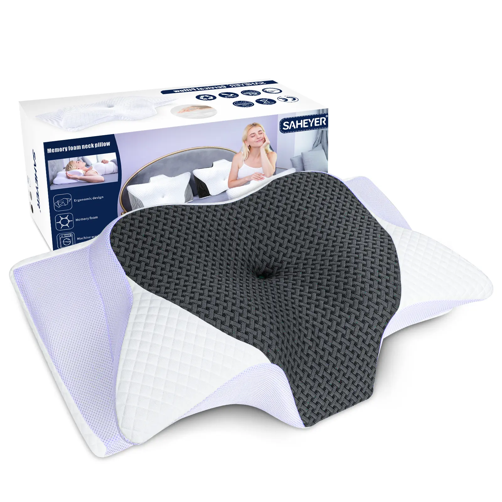 SAHEYER Contoured Memory Foam Bed Pillow - Ergonomic Cervical Neck Rest Cushion for Side, Back Sleepers