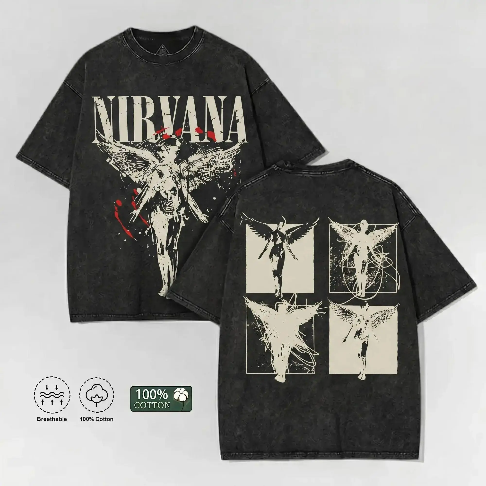 Men's 100% Cotton Baggy Vintage Acid Wash Fallen Angel Graphic T-Shirt - 90s Grunge Rock Oversized Short-Sleeve Menswear Tee, Retro Casual Dark Streetwear Outfits Top
