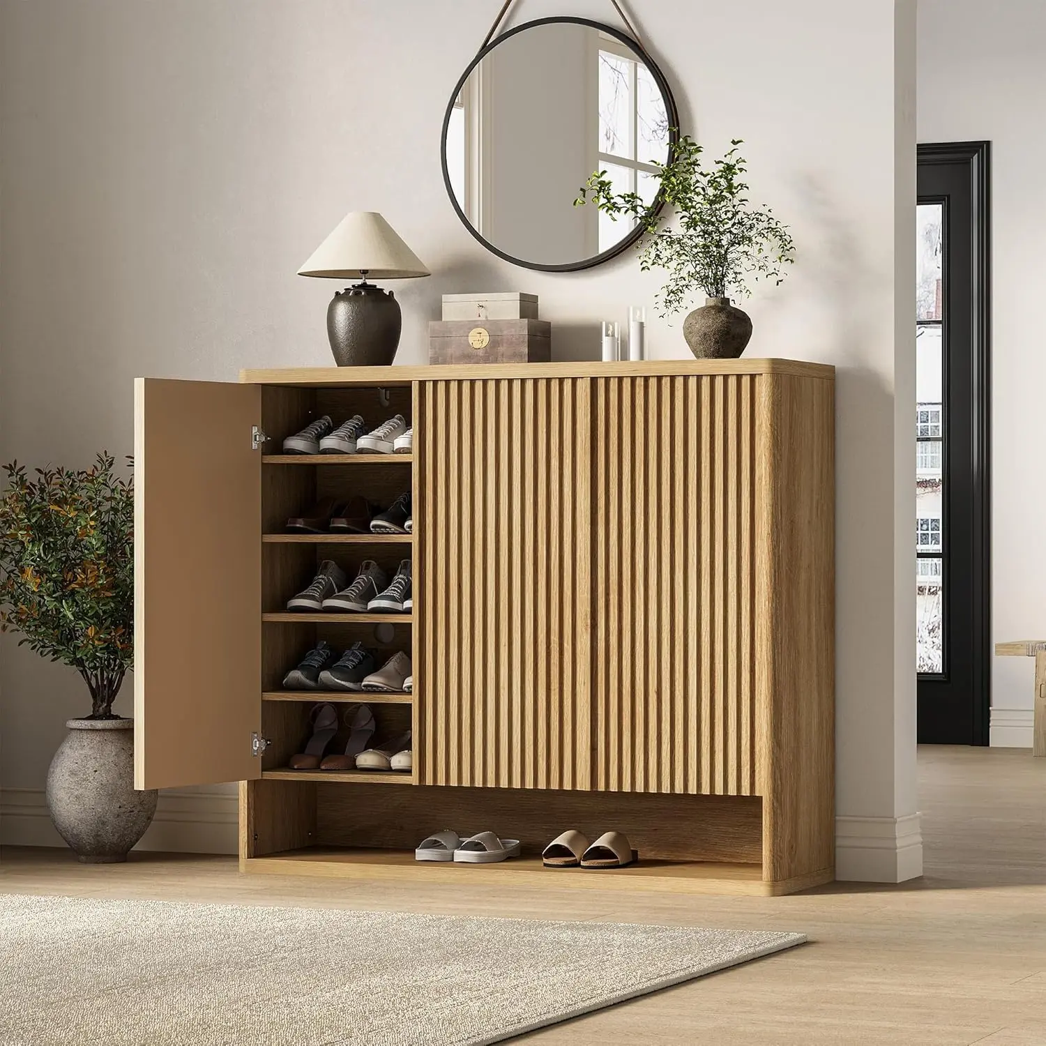 Modern Entryway Shoe Storage Cabinet – 46 Inch Wooden Organizer with Adjustable Shelves, Fluted Door, Holds 30-35 Pairs, Space-Saving Hallway Furniture