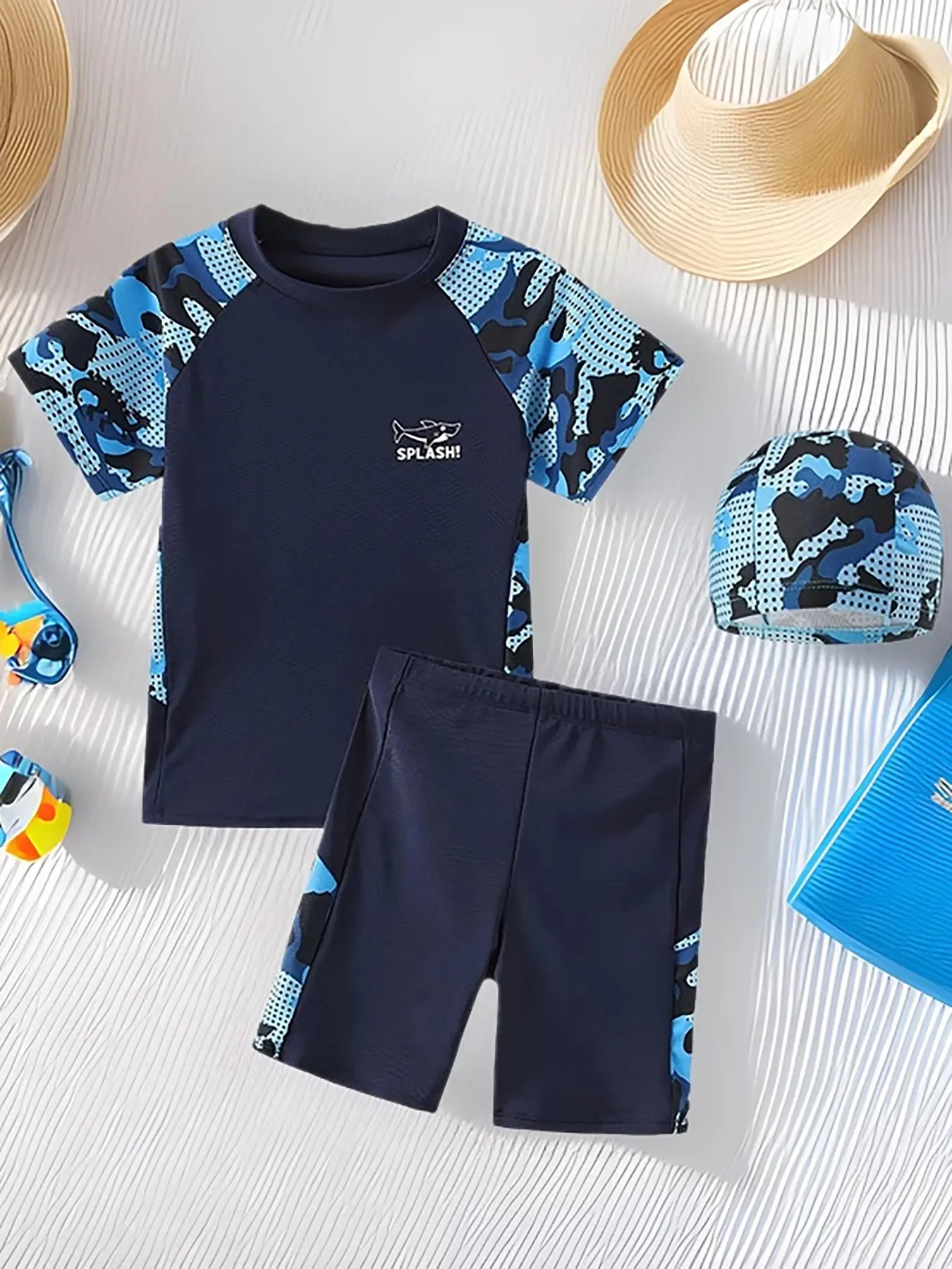 Boys' Summer Fashion Shark Swimwear Set, Three-Piece Swimsuit with Tank Top, Shorts, Hat, Soft Comfortable Quick-Dry Breathable